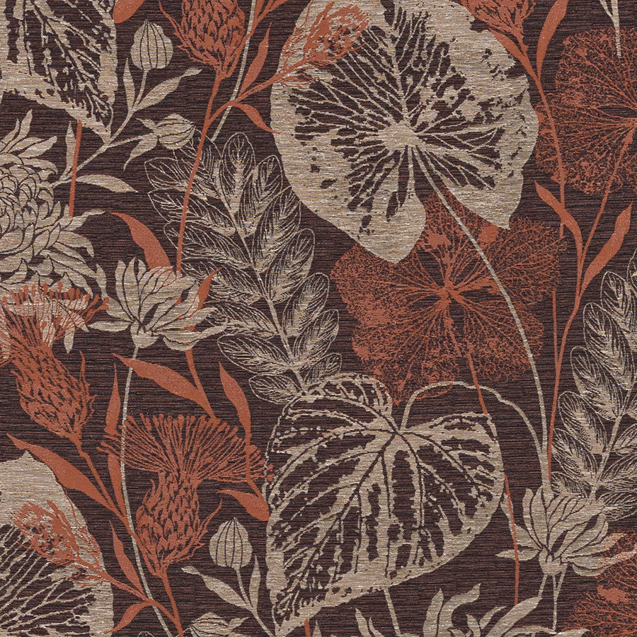 Large botanical fabric swatch in rust, cream and mushroom on a dark brown ground