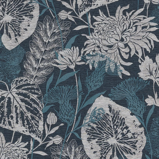 Teal and ivory botanical fabric on a dark slate woven ground