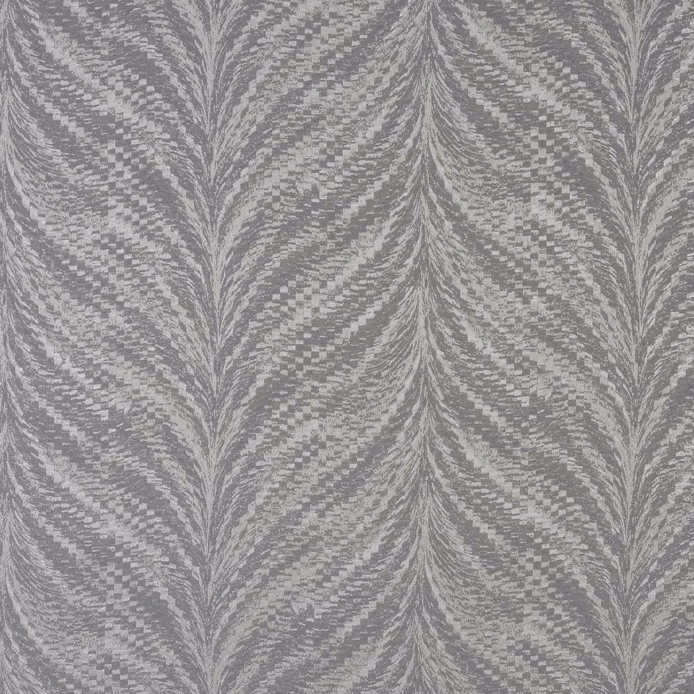 Silver-grey woven fabric with feathered chevron pattern and subtle sheen