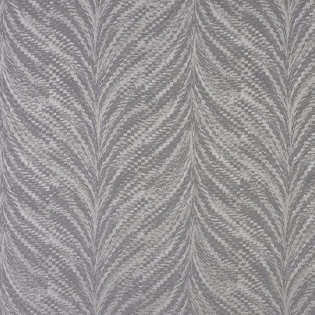 Silver-grey woven fabric with feathered chevron pattern and subtle sheen