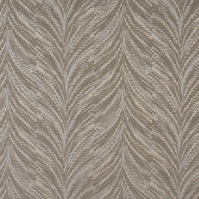 Stone taupe woven fabric with feathered vertical pattern and subtle shimmer