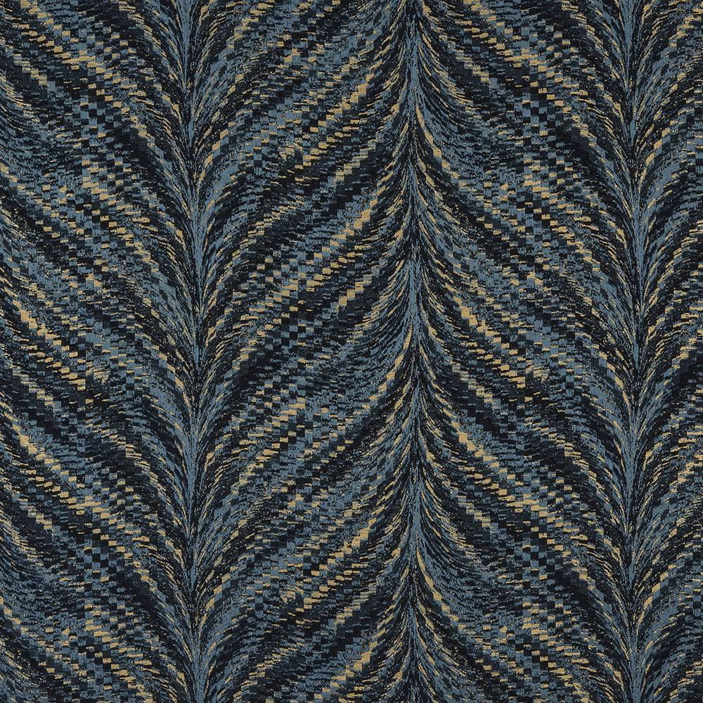 Close-up of Luxor Teal woven fabric with teal, black and gold feathered stripe pattern