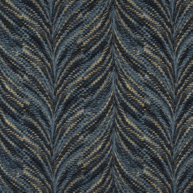 Close-up of Luxor Teal woven fabric with teal, black and gold feathered stripe pattern