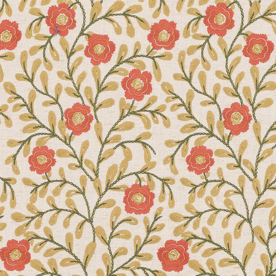Cream ground floral fabric with bordeaux-red flowers and olive vine stems