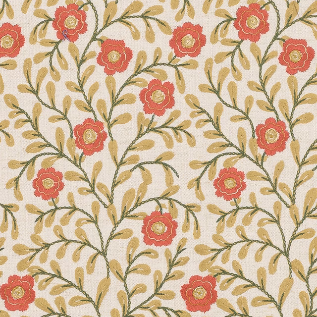 Cream ground floral fabric with bordeaux-red flowers and olive vine stems