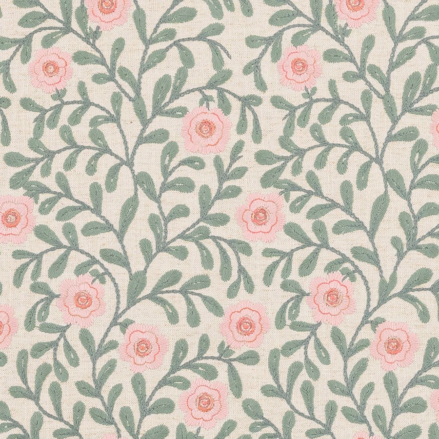 Cream botanical fabric with sage trailing leaves and blush pink flowers