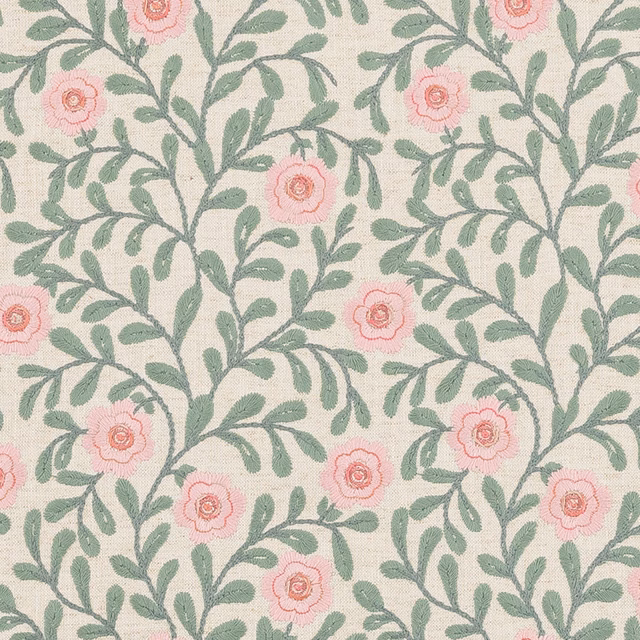 Cream botanical fabric with sage trailing leaves and blush pink flowers