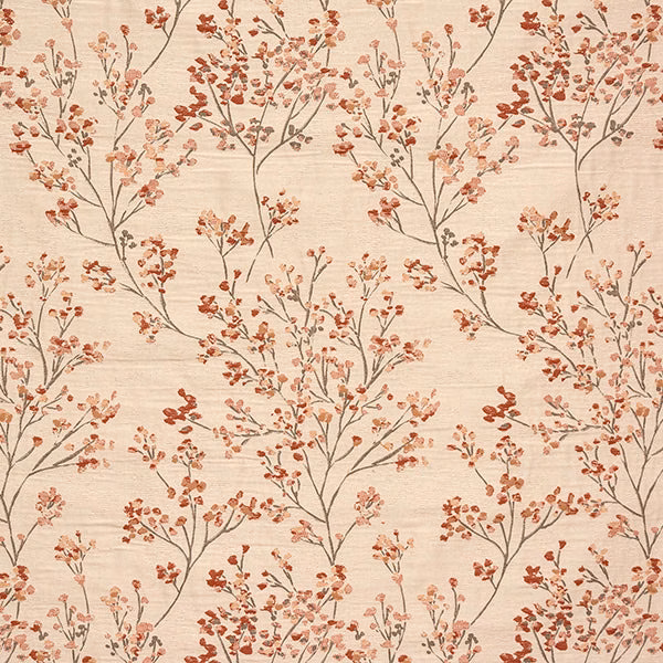 Cream ground fabric with delicate branch motif in burnt orange and peach