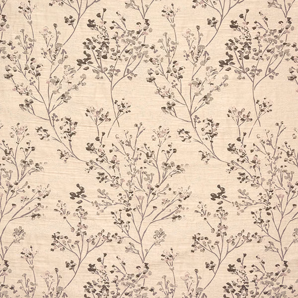 Dove-beige fabric with delicate taupe botanical branches and small leaves