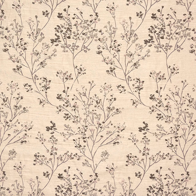 Dove-beige fabric with delicate taupe botanical branches and small leaves