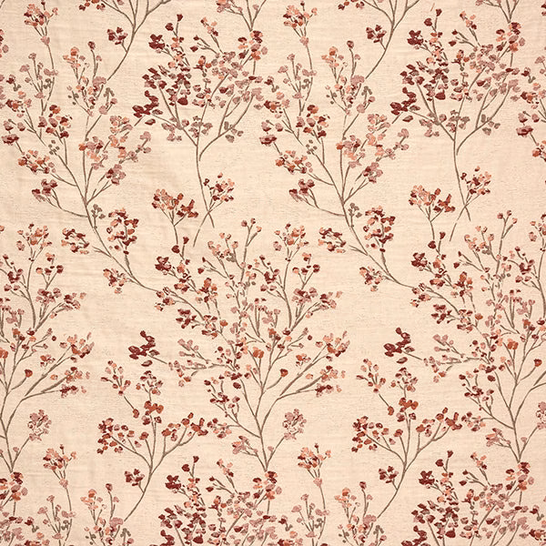 Cream fabric swatch with trailing berry floral stems in soft red and pink