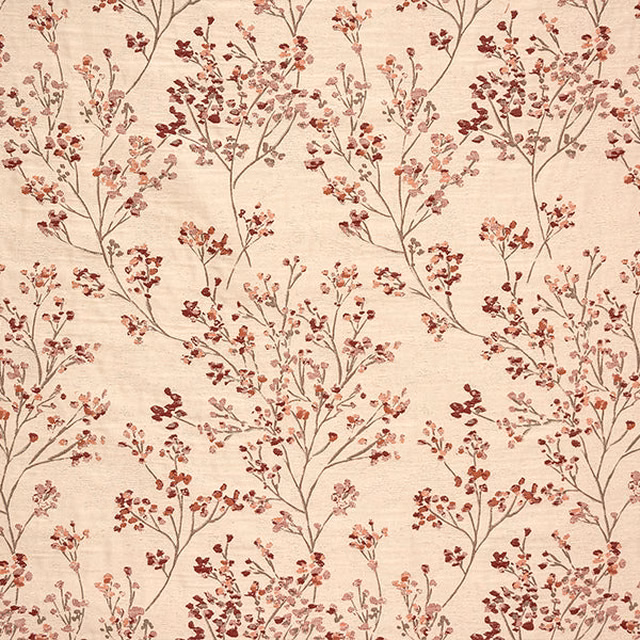 Cream fabric swatch with trailing berry floral stems in soft red and pink