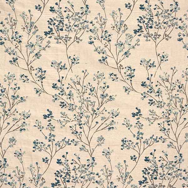 Cream fabric swatch with delicate teal botanical branches and small leaves
