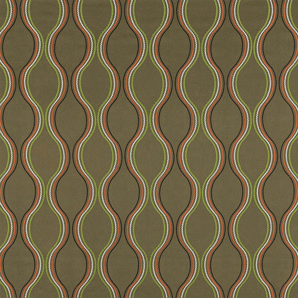 Olive green patterned fabric with looping vertical waves and rust trim