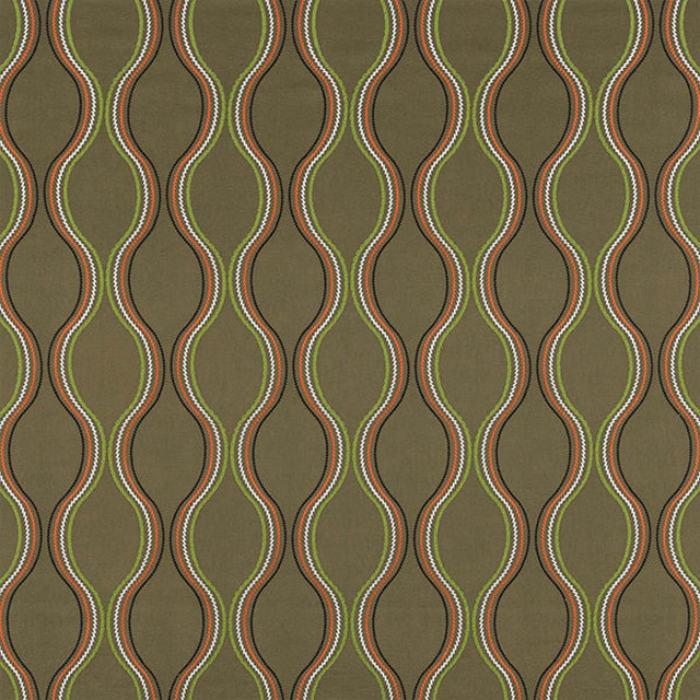 Olive green patterned fabric with looping vertical waves and rust trim