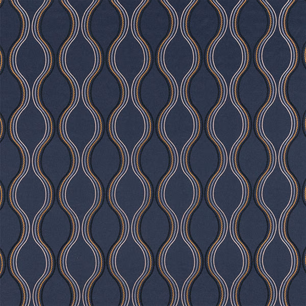 Dark indigo woven fabric with looping vertical wave motif in pale gold and ivory