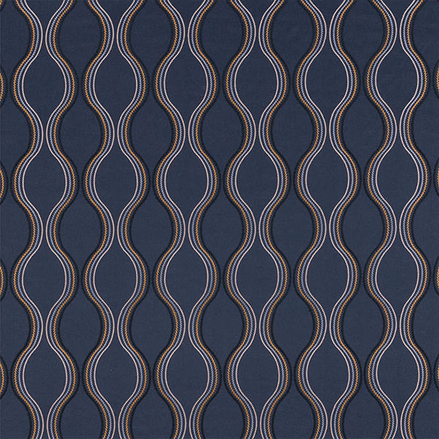 Dark indigo woven fabric with looping vertical wave motif in pale gold and ivory