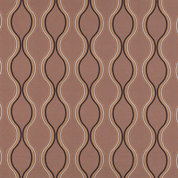Mocha brown fabric with repeating wavy geometric stripes and pale outlining