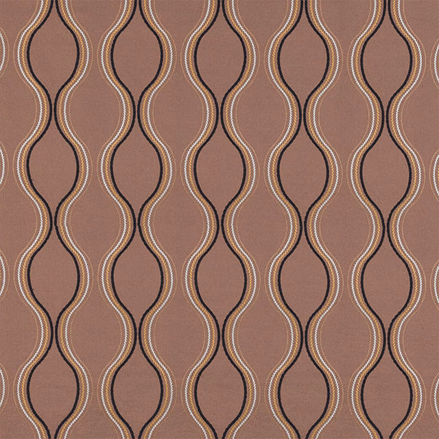 Mocha brown fabric with repeating wavy geometric stripes and pale outlining