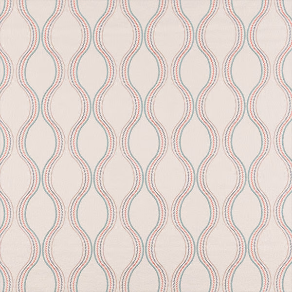 Cream woven fabric with repeating wavy pink and teal stripe pattern