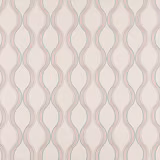 Cream woven fabric with repeating wavy pink and teal stripe pattern