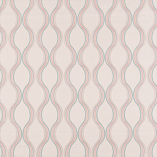 Cream woven fabric with repeating wavy pink and teal stripe pattern