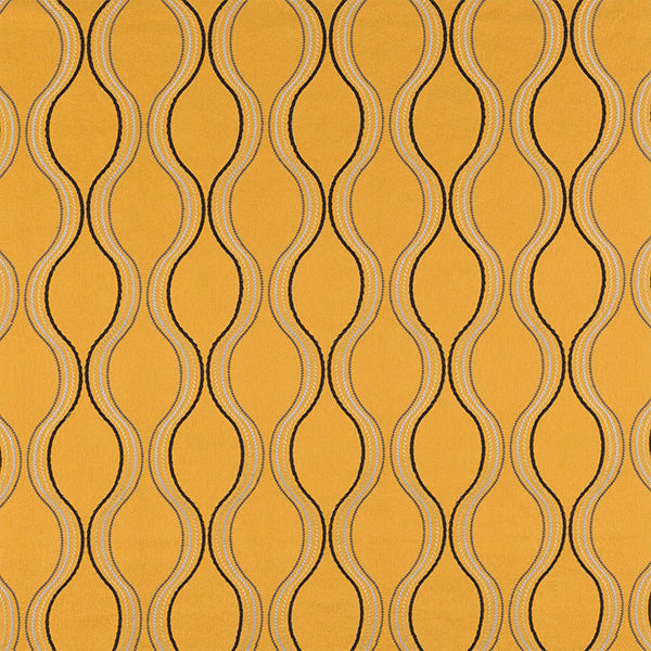 Ochre yellow woven fabric with looping vertical pattern in brown and cream