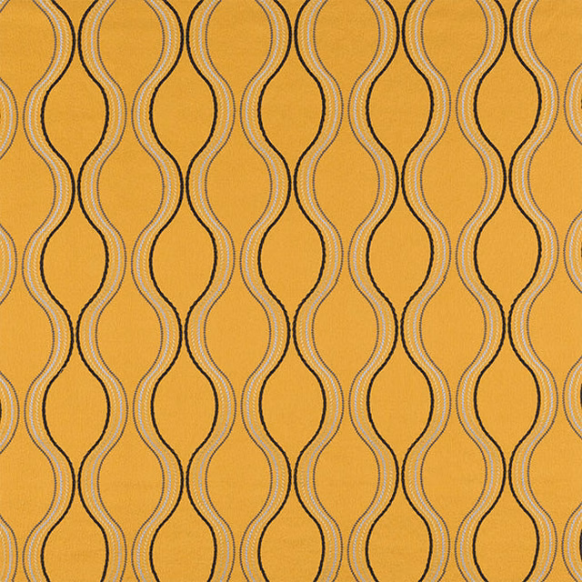 Ochre yellow woven fabric with looping vertical pattern in brown and cream