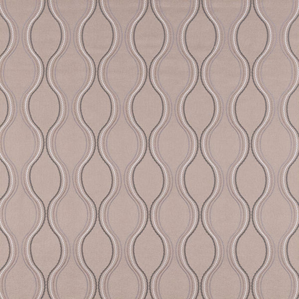 Taupe woven fabric with repeating vertical looped geometric stripes