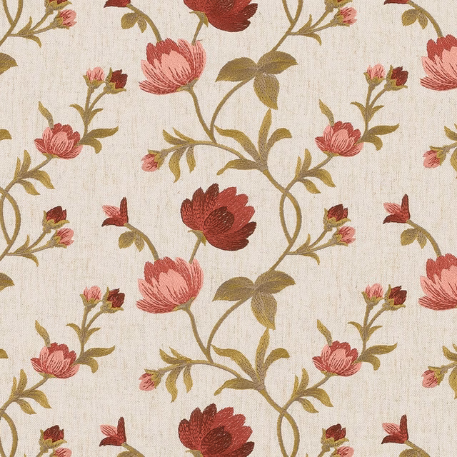 Rouge and pink floral vine fabric on a pale woven ground