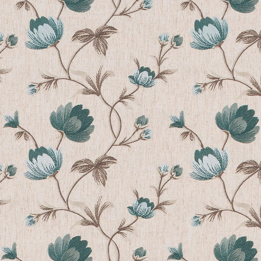 Cream woven fabric with teal floral sprigs and brown trailing stems