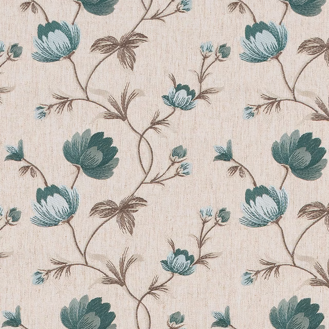 Cream woven fabric with teal floral sprigs and brown trailing stems