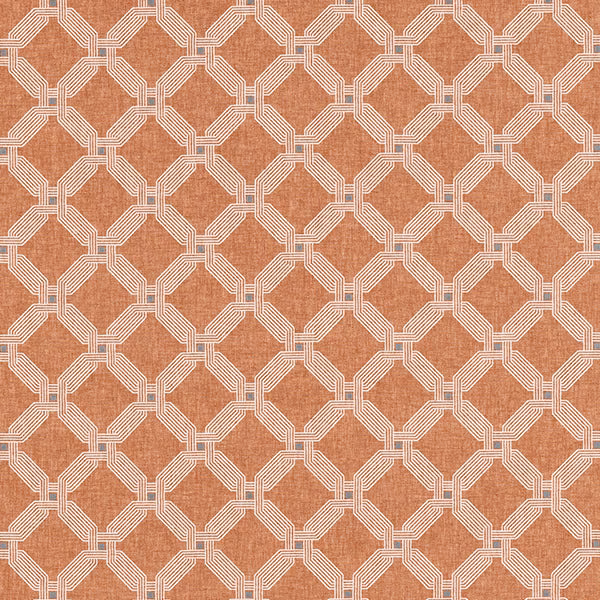 Burnt orange geometric fabric with pale linked lattice pattern