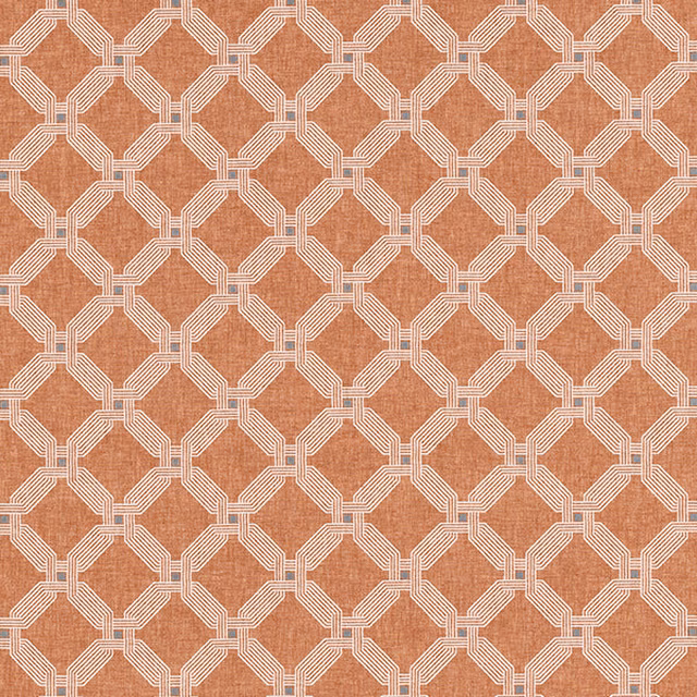 Burnt orange geometric fabric with pale linked lattice pattern