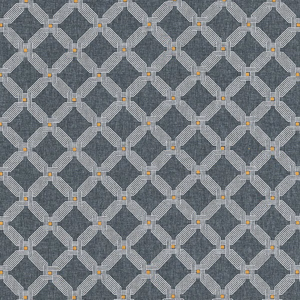 Blue-grey geometric fabric with pale linked octagons and tiny ochre accents