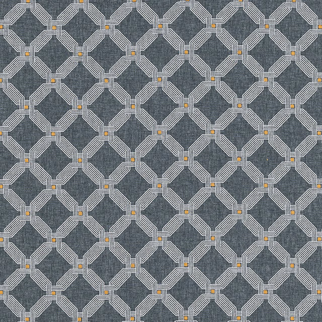 Blue-grey geometric fabric with pale linked octagons and tiny ochre accents