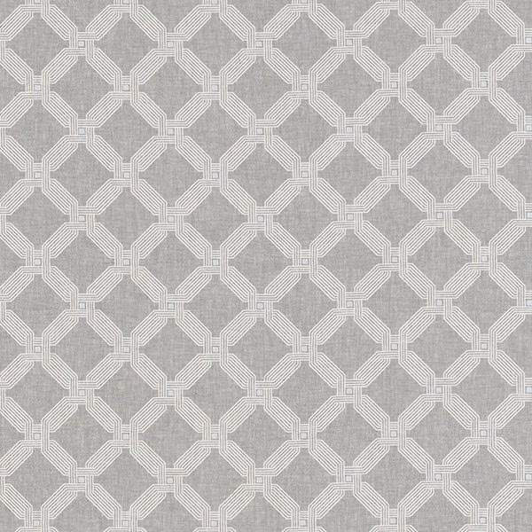 Soft dove grey geometric fabric with cream interlocking line motif