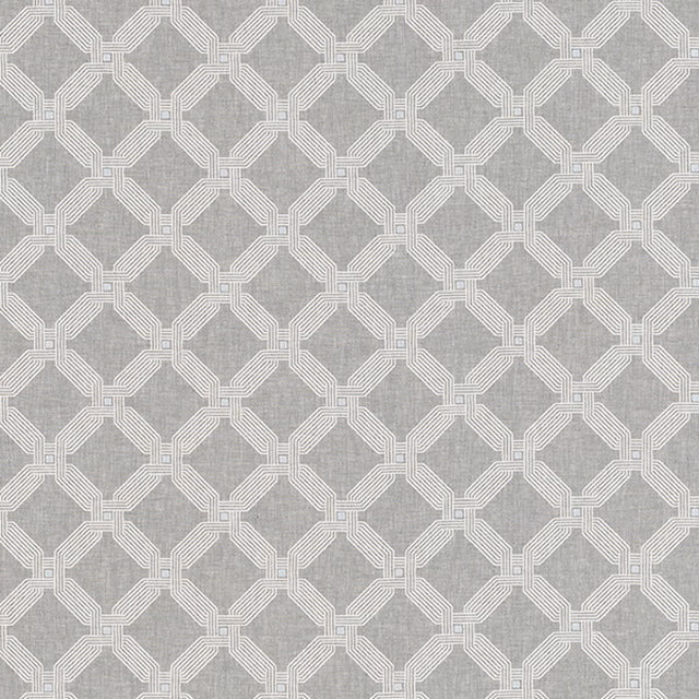 Soft dove grey geometric fabric with cream interlocking line motif