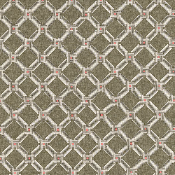 Olive-green geometric woven fabric with pale outlines and tiny pink accents