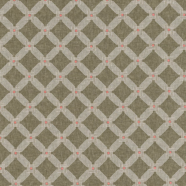 Olive-green geometric woven fabric with pale outlines and tiny pink accents