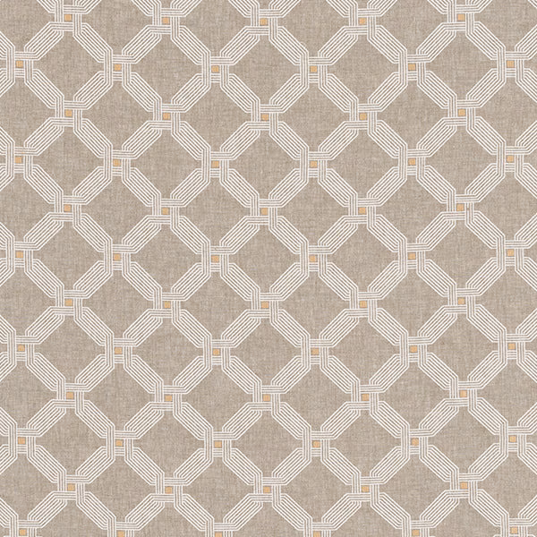 Beige ochre geometric woven fabric with ivory octagonal lines and small gold accents