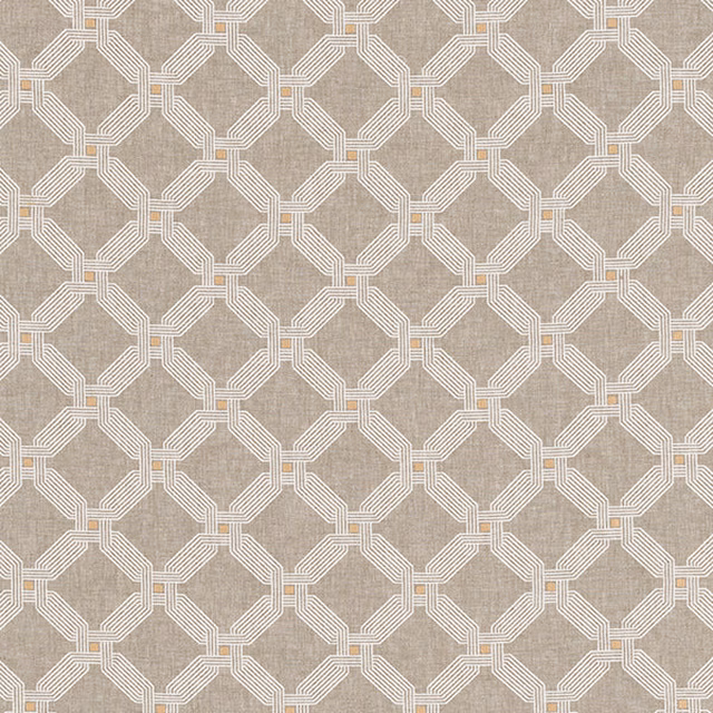Beige ochre geometric woven fabric with ivory octagonal lines and small gold accents