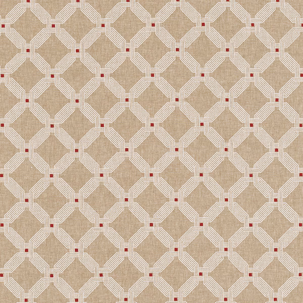 Beige geometric woven fabric with cream lines and small red square accents