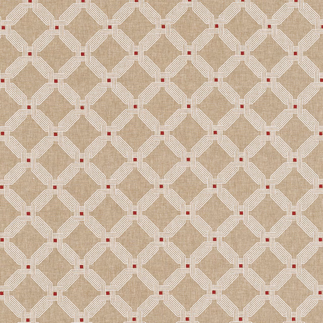 Beige geometric woven fabric with cream lines and small red square accents