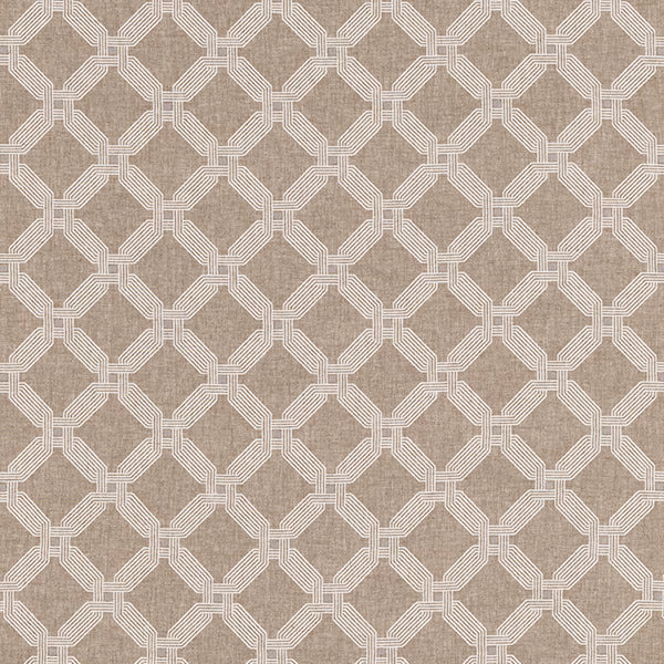 Taupe geometric fabric with an ivory linked lattice pattern and textured weave