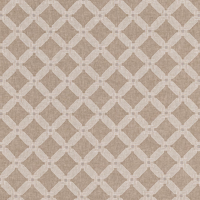 Taupe geometric fabric with an ivory linked lattice pattern and textured weave