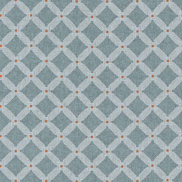 Teal geometric woven fabric with white lattice and tiny rust accents