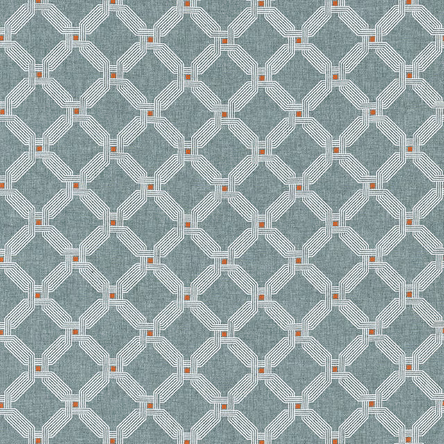 Teal geometric woven fabric with white lattice and tiny rust accents