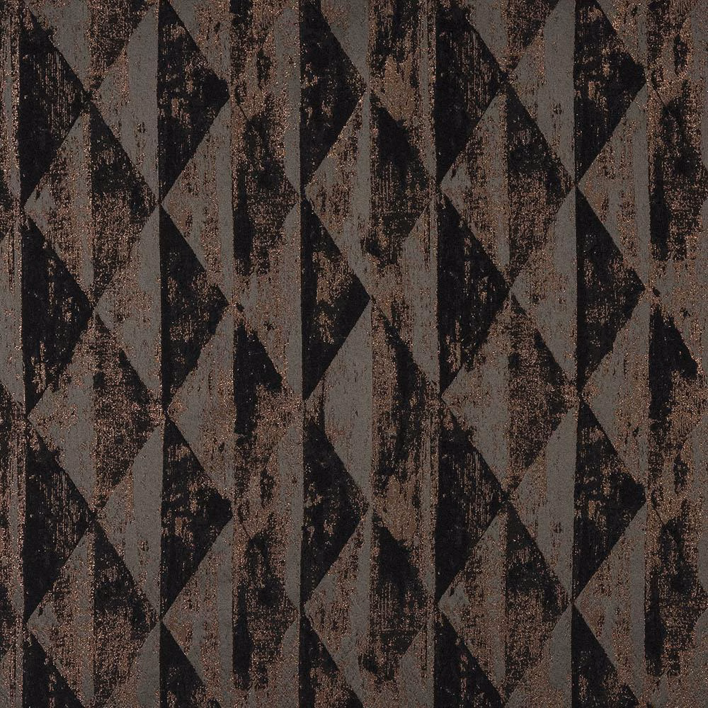 Bronze-brown geometric fabric with black angular motifs and a subtle metallic sheen