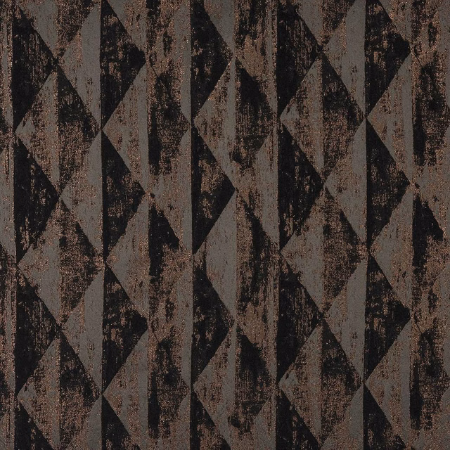 Bronze-brown geometric fabric with black angular motifs and a subtle metallic sheen